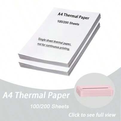 100/200张单张热敏纸，210x297毫米（8.27x11.69英寸），适用于便携式打印机补充纸，A4热敏纸，适用于商务办公。