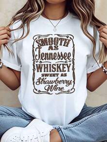 1 pieza Camiseta Gráfica para Mujer, Estilo Casual de Verano, con Estampado 'Suave como el Whisky de Tennessee, Dulce como el Vino de Fresa', Regalo para Fanáticos de la Música Country, Camiseta de Moda, 220g/180g, 100% Algodón - Blanco - Ver 7
