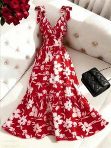 Vestido largo con estampado floral elegante y lazo en la cintura, para uso casual de vacaciones y citas, primavera/verano 2026 - Rojo y blanco - Ver 3