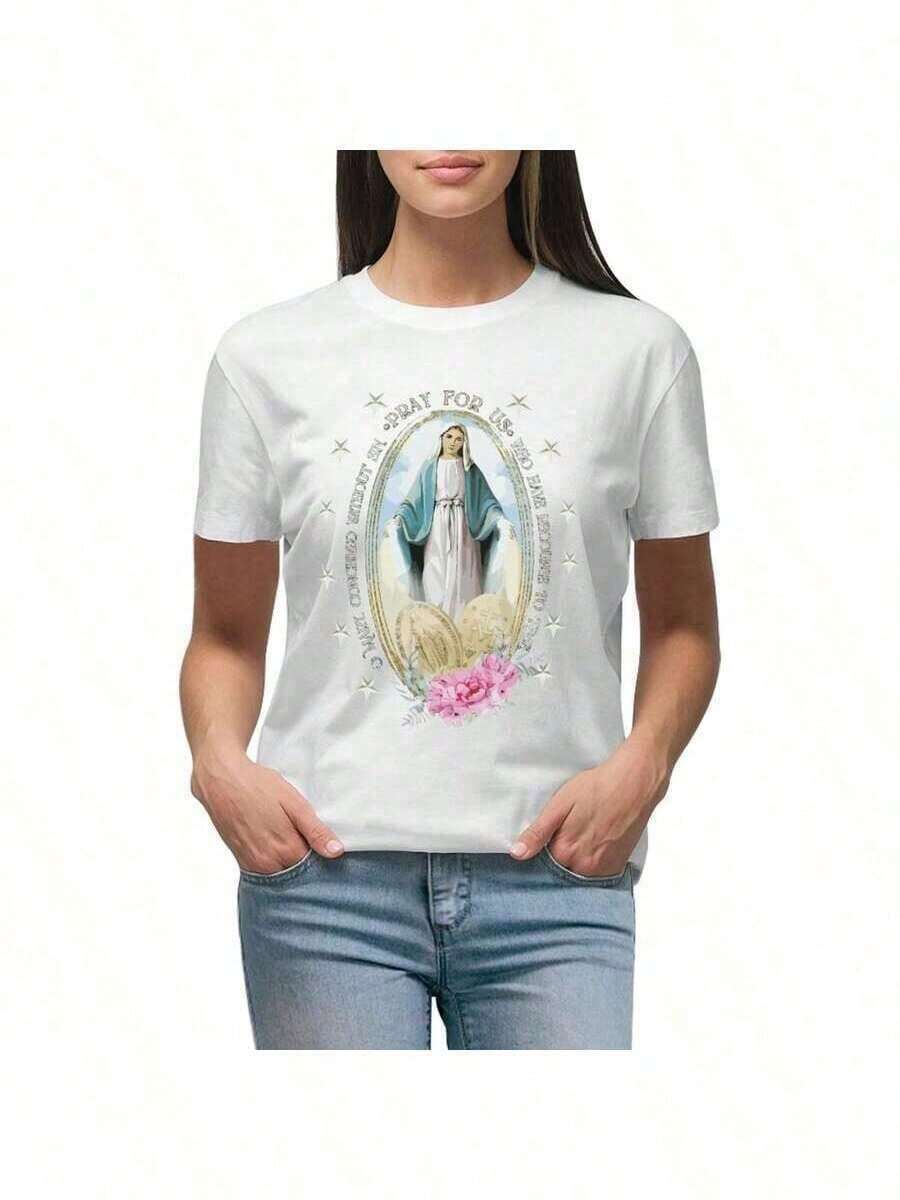 Women's Clothing Designer Recommendations Virgin Mary T-Shirt For Women, Casual Fashion Round Neck T-Shirt, Loose And Comfortable Tops Women's Shirts - 白色 - 查看 1