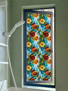 1 Stück verdickte statisch haftende abnehmbare Fensterfolie mit bunten floralen Vintage-Mustern und einer halbtransparenten Textur, die UV-Strahlen effektiv blockiert. Geeignet für Schlafzimmer, Wohnzimmer, Küchen und Badezimmer. PVC halbtransparente mattierte Sichtschutzfolie. - Bunte Rosen - Übersicht 4