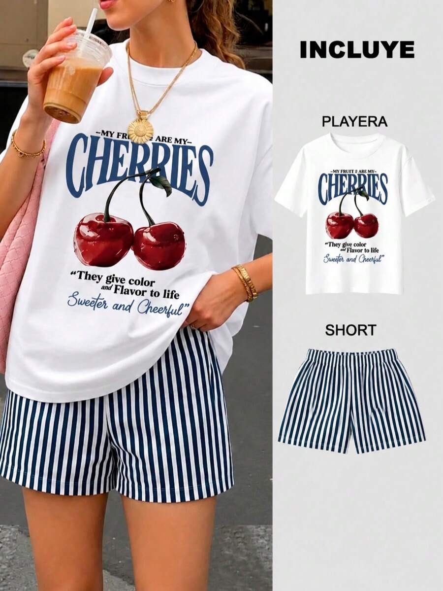 Conjunto de dos piezas, playera y short, playera estampada con diseño, short corto de rayas, adecuado para vacaciones en la playa, verano, vacaciones, viaje, para temporada de calor - 2 Playera Blanca Cherries con Short Rayas Azul Marino con Blanco - Ver 1