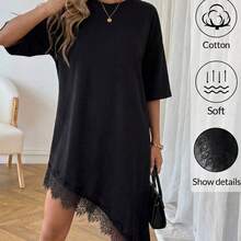 guang zhou mi qian shang mao  LUNE Vestido de mujer de longitud media, de manga corta, con bajo asimétrico, de estilo básico de moda, para uso diario, de vacaciones o para ir al trabajo, de unicolor con aplicaciones de encaje - Blanco y Negro - Ver 6