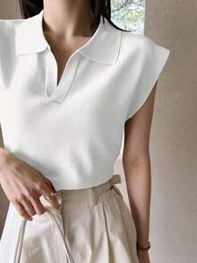 Suéter holgado de punto de unicolor con cuello, estilo casual y de negociospara mujer - Blanco - Ver 8