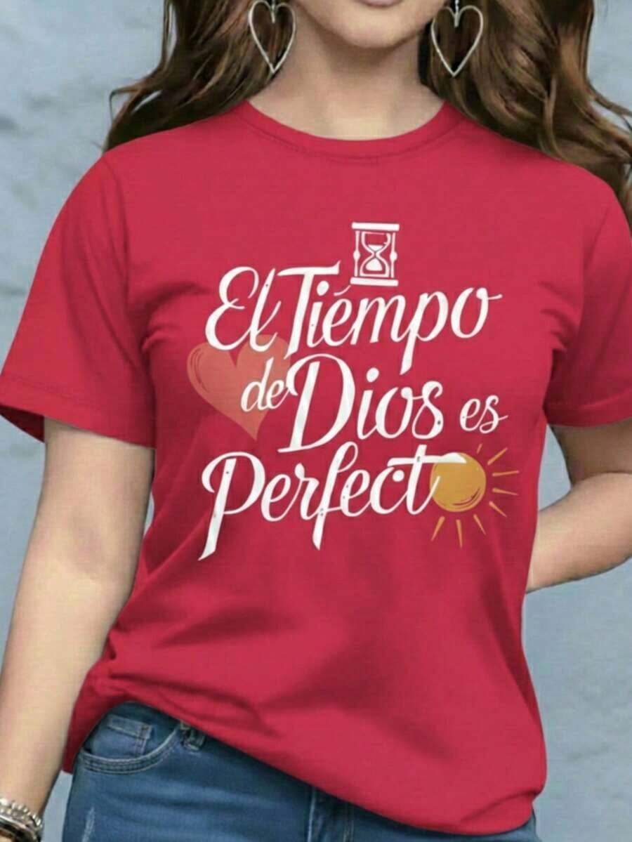 Women's Graphic Print T-Shirt Blouse, Casual Style, Love Print, Couples, Heart, February, Regular Fit, Soft Material, Crew Neck, Short Sleeves, Everyday Wear, Day Or Night, Street Style, Home, Comfortable, Cool, Lightweight, Modern, Youthful, Urban Aesthetic, Spring, Summer, Beach, Heat, Y2K, Feminine, Religious Phrase, God's Timing Is Perfect, Christian Lettering, Heart - 紅色配白色 - 查看 1