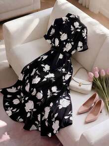 XHEAiraco Vestido midi de manga corta con cuello de camisa y cintura ceñida, adecuado para uso casual, vacaciones y viajesXHE - Negro - Ver 2