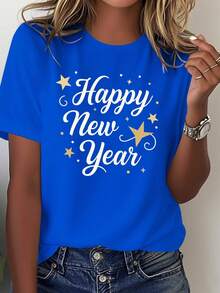 Women's T-Shirt With Pure Brilliance And New Year's Letter Print - Casual Cut, Suitable For New Year's Eve Parties And Everyday Wear, Machine Washable Festive Top. - 藍色 - 查看 7