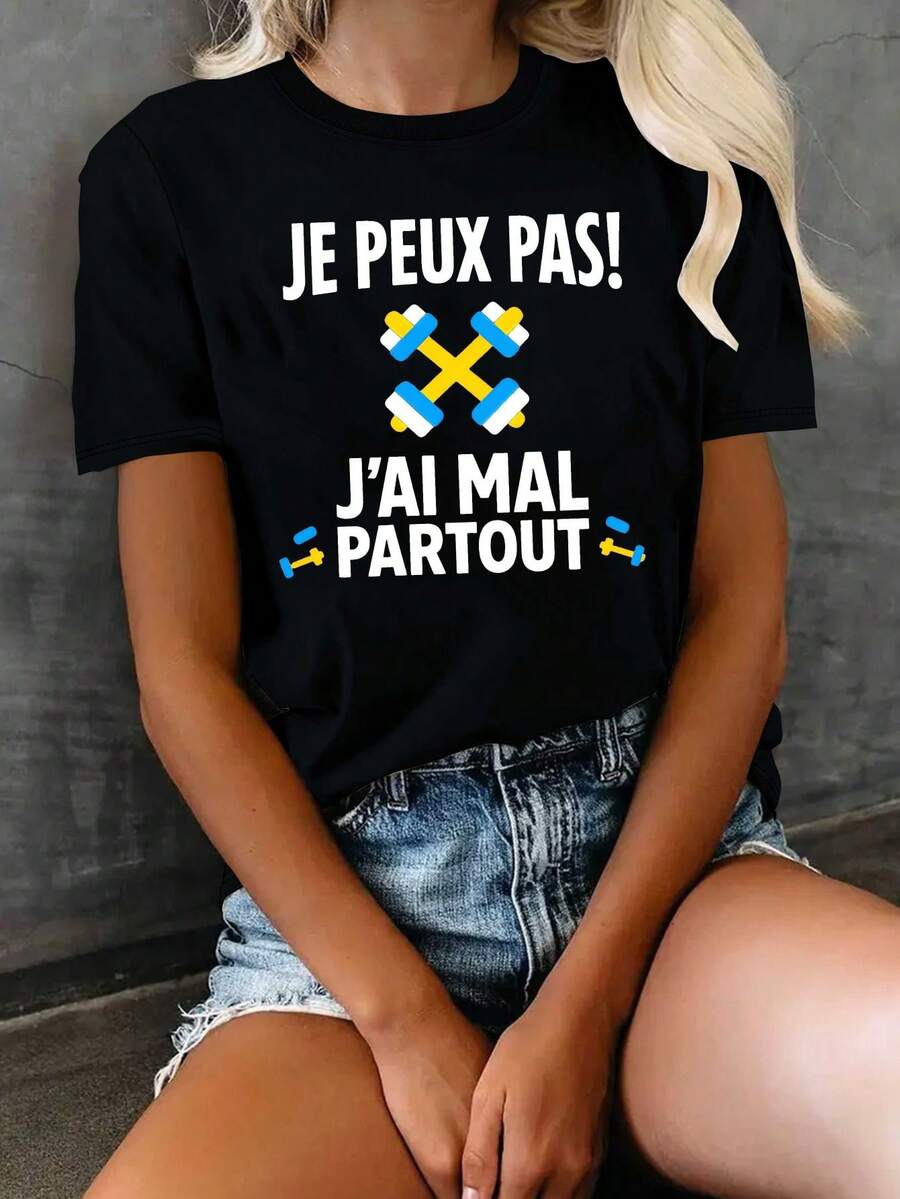 Camiseta de mujer con cita francesa - "Je Peux Pas!" "J'ai Mal Au Partout" es una frase divertida en francés, una camiseta de manga corta 100% casual con texto en francés y un diseño de cara sonriente, cómoda para todas las estaciones, adecuada para uso casual y para estudiantes de francés, con patrón geométrico, lavable a máquina, de corte holgado, elegante y cómoda, ropa casual de inspiración francesa, blusa casual para mujer. - Negro - Ver 1