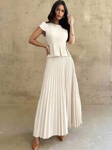 Conjunto elegante de 2 piezas con camisa de mangas cubiertas y dobladillo plisado y minifalda plisada de unicolor para mujer - Blanco - Ver 7