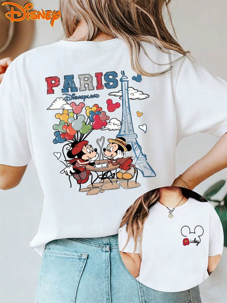 Disney Licensed, Best-Selling Women's Print: Minnie Mouse Head, Diamond Sparkle, Bow, Fashionable And Cute Printed Short-Sleeved Crew Neck T-Shirt. Crew Neck, Casual, Comfortable, Stylish, And Versatile, Suitable For Spring, Summer, And Autumn. Optimistic Design, Elastic Fabric. - trắng - Xem 1