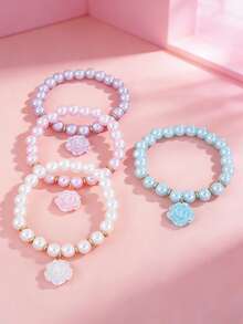 Bộ 4 vòng tay hạt cườm hình hoa hồng pastel cho bé gái, vòng tay ngọc trai giả hình hoa, trang sức tình bạn kiểu công chúa ngọt ngào. Quà tặng trang sức tình bạn. - Nhiều màu - Xem 5