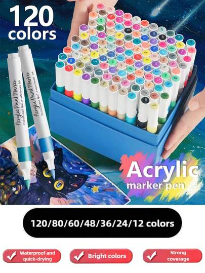 120/80/60/48/36/24/12 couleurs Ensemble de stylos marqueurs acryliques, pointe souple, boîte cadeau de haute qualité, stylos aquarelle, imperméables et mélangeable, convient pour carnet de croquis et peinture d'art