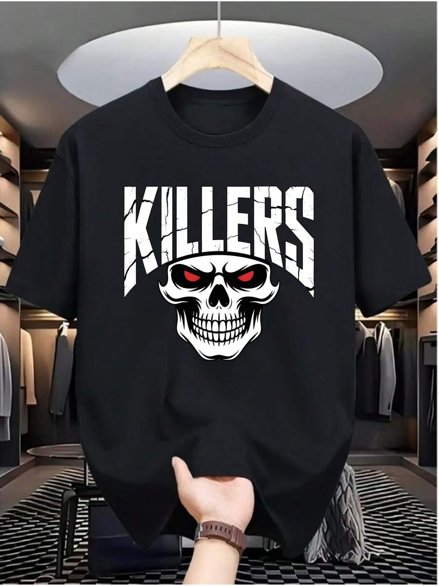 Men's Casual T-Shirt With Digital Print 2026 - Pure Cotton, Crew Neck, Short Sleeve, Urban Hip-Hop Style, European And American Summer Fashion, Sports T-Shirt - 黑色 - 查看 1