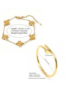 VceTd 2pcs Minimalist Retro Elegant Stainless Steel Jewelry Set With Four-Leaf Flower Design, Suitable For Women's Daily Life, Commuting, Festivals, Parties Or As A Gift - Yellow Gold - View 2