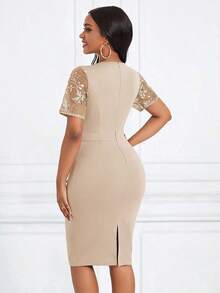Lady Wedding Guest Dress Women's Elegant Glitter Floral Contrast Mesh Short Sleeve Dress For Summer - 杏色 - 查看 2