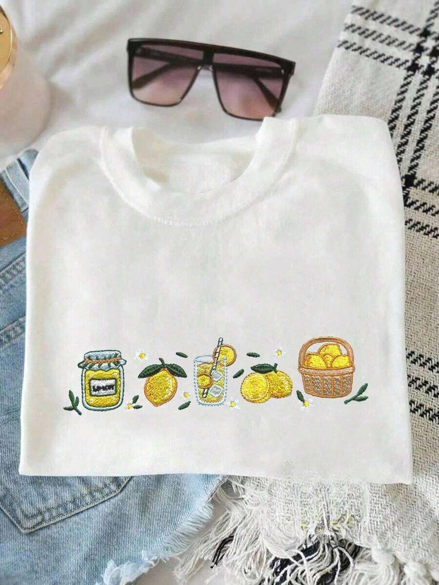 Summer T-Shirt With Embroidered Lemon Print, Gift Shirt For Food Lovers, Cute Gift For Her, Fruit Blouse For Women, Embroidered Summer Vibe T-Shirt For Ladies, Round Neck, 100% Cotton, Soft Fabric, Short Sleeve - 白色的 - 查看 1