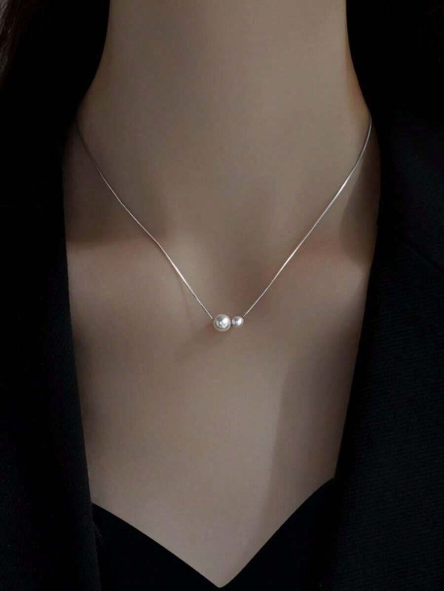 Necklace With Synthetic Pearl - Silver 2 - View 1