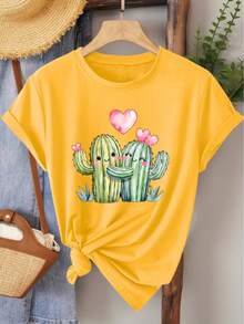 Women's Short-Sleeved T-Shirt, Elegant Style, With Heart And Cactus Print, Round Neck, Ideal For Spring, Summer, Autumn, Fashion, Daily Travel, Versatile, Casual, Elegant, Retro Style, Available In Sizes S-XXL - 黃色 - 查看 6