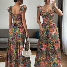 guang zhou mi qian shang mao  Vestido ajustado y acampanado con cuello de corazón, lazo y mangas farol, de estilo elegante y casual con estampado floral colorido, para primavera/verano - Multicolor - Ver 2