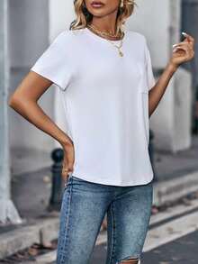 Camiseta de cuello redondo de manga corta de unicolor para mujer de moda - Blanco - Ver 5