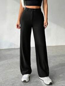Pantalones Rectos Con Cremallera Y Color Sólido Para Mujer Con Construido En - Negro - Ver 1