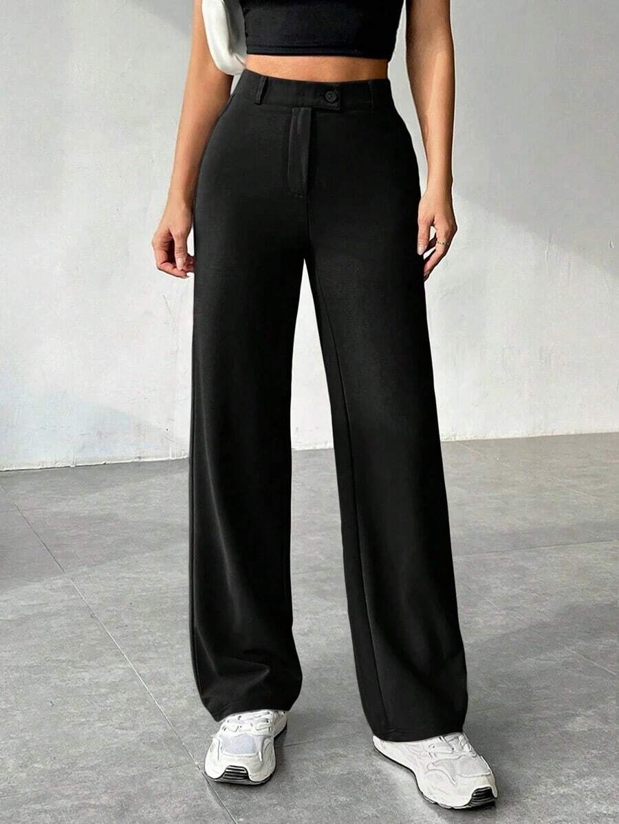Pantalones Rectos Con Cremallera Y Color Sólido Para Mujer Con Construido En - Negro - Ver 1