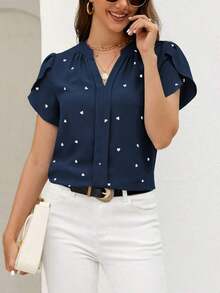 Blusa de mujer de escote en V con estampado de corazón y mangas con volantes para el verano y la playa - Azul - Ver 7