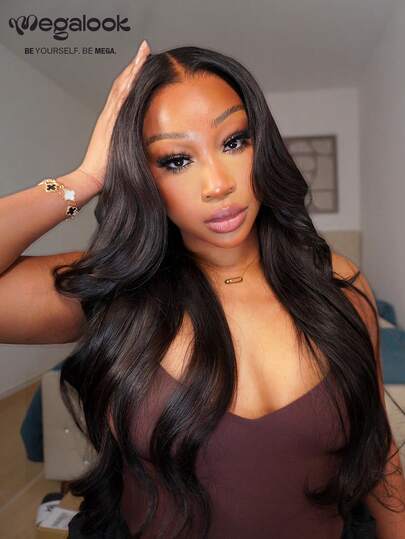 MEGALOOK 13x6 Super Transparent Lace Front Wig, 200% Density Natural Hairline Ear To Ear Human Hair Wig, Natural Black Color, 18-30 Inches, Natural For Daily, Office, Halloween Party, Y2K Style, Vacation, School, Christmas, Wedding, Holiday Use For Women