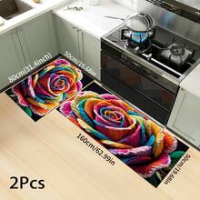 1 pieza Alfombra impresa con patrón floral colorido 2D, Serie de felpudos largos, Adecuado para sala de estar, lavandería, baño, dormitorio, cocina - Multicolor - Ver 16