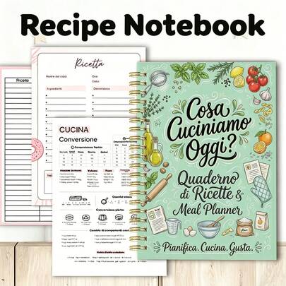1 pieza Cuaderno A5 para planificar recetas de cocina, en italiano, con encuadernación espiral y tamaño A5. Incluye secciones para planificación de comidas, listas de compras y recopilación de recetas, lo que lo convierte en un regalo ideal para entusiastas de la cocina.