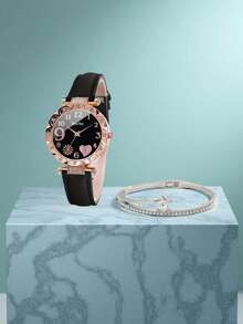 2pcs/Set Fashion Quartz Watch Set, Versatile Casual Quartz Watch + Five-Point Star Bracelet, Minimalist Dial Design, Bracelet Embellished With Sparkling Star Elements, Elegant Daily Wear Wrist Accessory Combination, Ideal Choice For Students Back To School, Children's Holidays, Christmas And Halloween - Multicolor - View 12