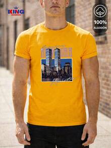 King T-shirt Playera 100% algodón de excelente calidad, esta playera garantiza una suavidad excepcional al tacto, cuello redondo con estampado "New York Manhattan Vintage Skyline" y manga corta - Amarillo Mostaza - Ver 1