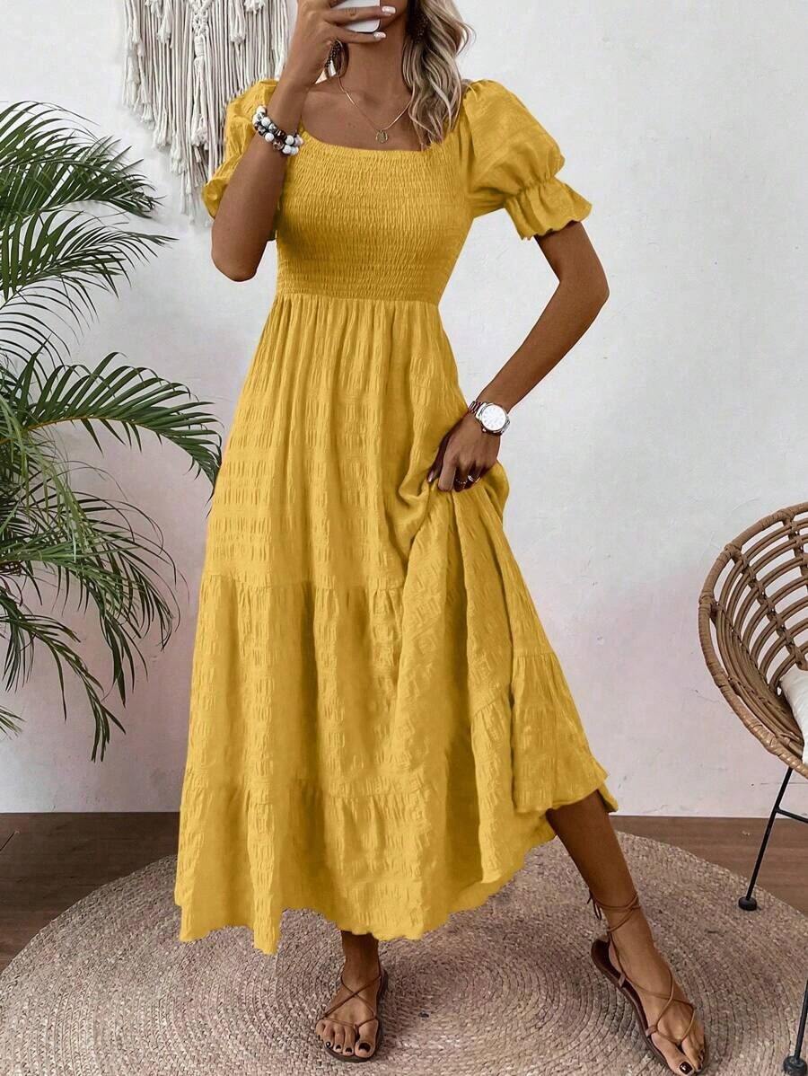 Vestido largo de mujer de unicolor con mangas de burbujas texturizadas para vacaciones de verano - Amarillo - Ver 1