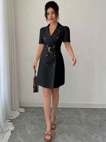 xheRafferiza Vestido corto de verano de unicolor con lazo en la cintura, doble botonadura, mangas abullonadas y cuello con solapaxhe - Negro - Ver 2