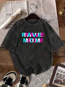 大尺碼女款復古水洗對比色「RRRAWEE MMOOM」字母印花短袖T恤，個性化夏季休閒黑色 - 黑色 - 查看 1