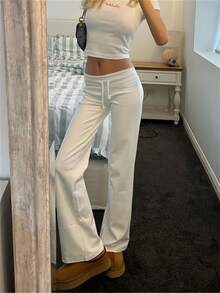 High-Waisted Straight Leg Trousers In Solid Color - [Beige] - View 3