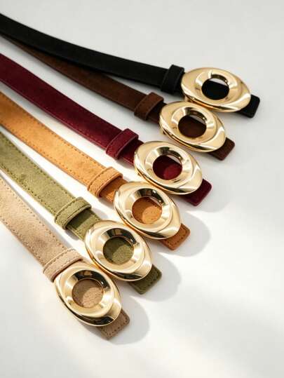 Ceinture de taille en daim pour femmes, boucle métallique ovale dorée multicolore. Ceinture décorative polyvalente pour jeans, robes et tenues. Couleurs vintage : olive, latte, bordeaux, bourgogne, rouge