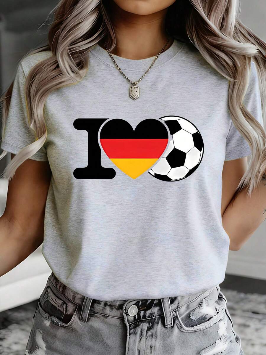 Women's T-Shirt With German Flag And Football Design - Germany National Team, Round Neck, Short Sleeve, Ideal For Events And Casual Wear - Garment Of German Pride - 淺灰色 - 查看 1