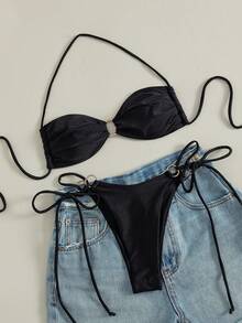 Bộ bikini hai mảnh màu trơn gợi cảm thời trang mới, dành cho nữ, có dây buộc, thích hợp cho kỳ nghỉ hè ở bãi biển. - màu đen - Xem 5