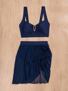jeederkim Nuovo bikini da donna per l'estate con decorazione in metallo, abbinato a una minigonna trasparente, adatto per l'abbigliamento da spiaggia e le vacanze - Blu Navy - Visualizzare 8