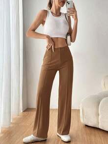 Pantalones de traje de mujer con bolsillos laterales sesgados, líneas de costura visibles para otoño/invierno - Camel - Ver 5