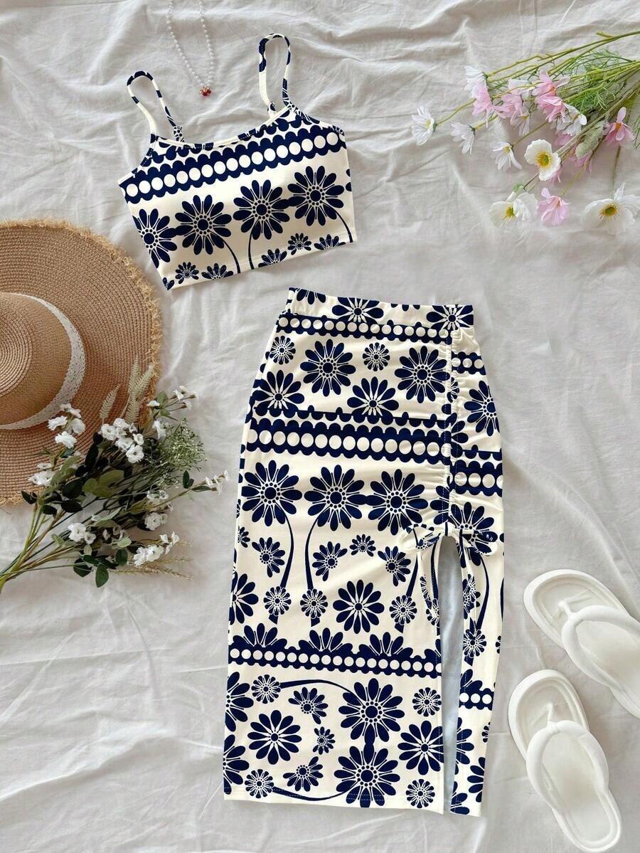 Conjunto informal de vacaciones de 2 piezas con top de tirantes finos de color negro sólido y falda con estampado completo de leopardo y abertura alta en el bajo, adecuado para salir - Multicolor 4 - Ver 1