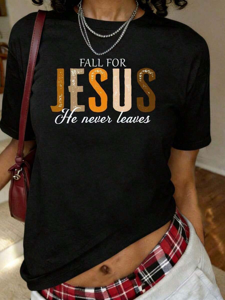 Camiseta con Estampado "Fall For Jesus He Never Leaves", Manga Corta, Cuello Redondo, Estilo Casual para Verano y Primavera, Ropa de Mujer - Negro - Ver 1