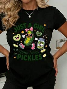 Just A Girl Who Loves Pickles, Women's Funny Pickle Design T-Shirt, Food Lover Graphic Tee, Perfect For Casual And Sporty Wear - 黑色 - 查看 7