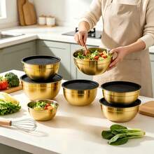 7pcs Mixing Bowls With Lids Set - Stainless Steel Nesting Salad Bowls, Space Saving For Baking Prepping, Gold - Gold - View 4