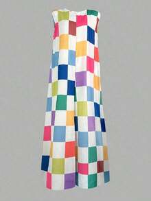 Plus Size Women's Sleeveless Jumpsuit With Colorful Plaid Print, For Summer - 彩色 - 查看 2