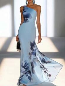 Print One Shoulder Cinched Maxi Dress For Women, Wedding Guest - 淺藍色 - 查看 2