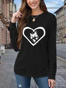 Bonita camiseta con estampado de gato y corazón para mujer, tela de mezcla de algodón suave, camiseta casual de verano holgada para uso diario y más - Negro - Ver 5
