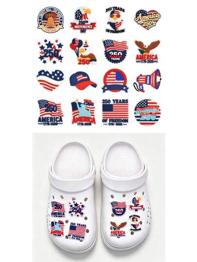 12Pcs/Set USA 250th Anniversary Clog Charms, 4th Of July Patriotic American Flag Shoe Charms, PVC Detachable Waterproof Cute Cartoon Shoe Decoration Pins For Clogs Sandals Slides Mini Bags, Independence Day Party Favors Goodie Bag Fillers Birthday Gift For Kids Teens Adults Men Women