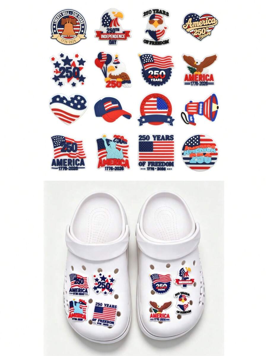 16 pièces/set Charms de sabots pour le 250e anniversaire des États-Unis, charms patriotiques du 4 juillet avec drapeau américain, épingles de décoration de chaussures amovibles en PVC imperméables et mignonnes pour sabots, sandales, glissières, mini-sacs. Cadeaux de fête de l'Indépendance, remplisseurs de sacs surprises pour anniversaire pour enfants, adolescents, adultes, hommes et femmes - Multicolore - Voir 1